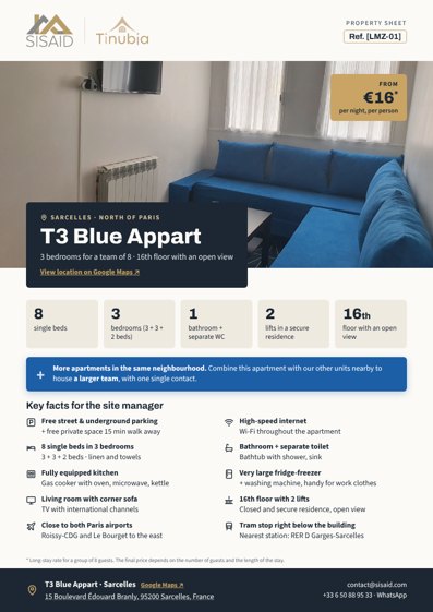 Example property sheet: cover page with photo, price and key facts